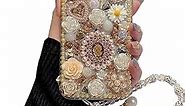 iFiLOVE for iPhone 12 Pro Max Bling Diamond Case with Flower Strap, 3D Luxury Sparkle Glitter Crystal Rhinestone Pearl Love Rose Wristband Bracelet Case Cover for Girls Women Kids (Champagne)