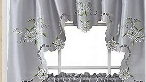 GOHD Cutwork Floral. Kitchen Curtain Set. Swag Valance and Tier Set. Nice Embroidery on Faux Silk Fabric with cutworks. (Grey)