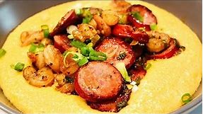 Creamy Cheesy Shrimp & Grits | Corn Grits & Andouille Sausage | ThymeWithApril