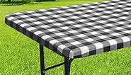 smiry Rectangle Picnic Table Cloth, Elastic Waterproof Fitted Vinyl Tablecloth for 6 FT Tables, Flannel Backed Buffalo Plaid Table Covers for Dining, Camping, Outdoor (Black and White, 30" x 72")