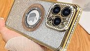 Losin Compatible with iPhone 15 Pro Max Magnetic Glitter Case Compatible with MagSafe Luxury Bling Rhinestone Case with Logo View Plating Sparkle Diamond Camera Lens Protection for Women Girls, Gold