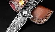 AUBEY Damascus Pocket Knife for Men, Forged VG10 Damascus Steel Folding Knife with Sheath, Rain-drop Blade, Stainless Steel Handle, EDC Knife for Camping, 60 HRC, Blade Length 2.95"