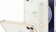 LLZ.COQUE Compatible with iPhone 12 Case for Women Girls, Bling Luxury Plated Bumper with Cute Love-Heart Design, Adjustable Hand Strap Stand, Raised Edges Shockproof Protection for iPhone 12 - White