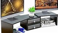 TEAMIX Dual Monitor Stand Riser with 2 Drawers-Length and Angle Adjustable 3 shelf Monitor Riser with Storage Desk Organizer Large Computer Monitor Stand for 2 Monitors/Laptop/PC,Wood Screen/TV Stand