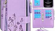 Lacass Compatible with iPhone 12/12 Pro Case[12 Card Slots] ID Credit Cash Holder Holder Zipper Pocket Detachable Magnet Leather Wallet Cover Wrist Strap Lanyard Carrying Pouch(Light Purple)