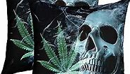 Marijuana Weed Leaf Throw Pillow Covers 16"x16" Set of 2 Soft Sugar Skull Pillow Cases Cushion Covers for Living Room Bedroom Skull Print Green Grey Decorative Throw Pillowcases for Sofa Couch Chair