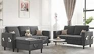 Mjkone Modern Sectional Sofa Couch Set with Wooden Legs, 3 Pcs Couch Sets with Storage Ottoman, Sofa and Loveseat Set with 8 Side Pockets, Living Room Furniture Set for Living Room (Dark Grey)