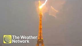 Lightning strikes Eiffel Tower during Paris storm