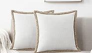 NordECO HOME Set of 2 Farmhouse Throw Pillow Covers - Burlap Linen Trimmed Tailored Edges Decorative Cushion Covers for Bed Home Decoration, 18 x 18, White