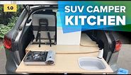 SUV car camping kitchen with sink and fridge - DIY organization ideas for family camper