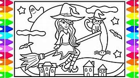 How to Draw a Cute Halloween Witch for Kids 🎃💜🖤💚Cute Halloween Witch Drawing and Coloring Page