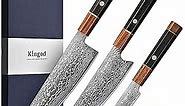KINGOD Japanese Kitchen Knife Set - 3 PCS Damascus Cooking Knives, VG10 Steel Core, Full Tang Rosewood Handle - Professional Chef Knife Set in Elegant Gift Box for Home or Restaurant