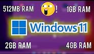 Windows 11 Pro on 512MB/1GB/2GB/4GB RAM Test!⚡