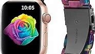 GEAK Compatible with Resin Apple Watch Band 40mm 38mm 41mm Women Men, Stainless Steel Buckle Stylish Flower Resin Bracelet iWatch Bands for Apple Watch Series 9/8/7/6/5/4/3/2/1/SE Purple Green Flower