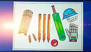 How to draw Cricket kit | Cricket drawing | How to draw Bat ball and stumps step by step very easy