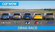 AMG A35 v BMW M140i v Golf R v Audi S3 v Focus RS - DRAG RACE, ROLLING RACE & BRAKE TEST