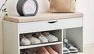 Apicizon Storage Bench, Shoe Bench with Flip Top Storage Space and Padded Cushion, Wooden Bench with Storage for Entryway, Living Room, 2-Tier Shoe Rack Organizer, White