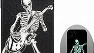 Skull Phone Case for iPhone 13 Pro, Skeleton Playing Guitar, Cool Goth Edgy Gothic Emo Design, Rock n Roll Style, Glow in The Dark, Leather Finish (iPh 13 Pro-Skeleton Playing Guitar)