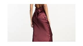 ASOS DESIGN Bridesmaid cami maxi slip dress in high shine satin with lace up back in wine | ASOS