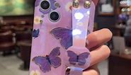 Lastma for iPhone 15 Plus Case Cute with Wrist Strap Kickstand Glitter Bling Cartoon IMD Silicone TPU Shockproof Protective Phone Cases Cover for Girls and Women - Butterfly