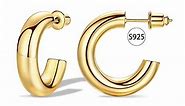 14k Gold Plated 925 Sterling Silver Post Small Chunky Gold Hoop Earrings for Women, Hypoallergenic Lightweight Thick Gold Hoops