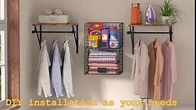 Laundry Room Shelves Wall Mounted with Wire Baskets, Over the Washer and Dryer Shelf with Clothes Drying Rack, Wire Shelves Baskets for Laundry Closet Organization and Storage, Wood+Metal, Black