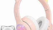 Cat Ear Headphones for Children IFECCO Cute Bluetooth Wireless Headset On-Ear with Led Light Up for Kids Girls Boys School Travel (Pink)