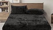 PHF Truly Velvet Fitted Sheet King Size, 1 Pack Luxury Super Soft Cozy Comfy Flannel Bottom Sheet with 15" Deep Pocket,Suitable for Fall Winter and Spring, No Pillowcases, Black