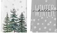 Artoid Mode Hello Snowflakes Winter Kitchen Towels Dish Towels, 18x26 Inch Christmas Pine Trees Decoration Hand Towels Set of 2