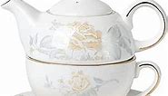 CHILDIKE Tea for One Porcelain Teapot and Cup Set, Tea Set for One, Floral Teapot, Gold Rose Tea Set Gift for Women