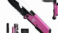 8.5" Military Outdoor Hunting Camping Pocket Knife, 7 in 1 Multi-Function Folding Knives with Fire Starter LED Light Seatbelt Cutter Glass Breaker Bottle Opener Tactical Blade (Pink)