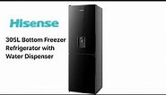 Overview of Hisense 305L bottom freezer refrigerator with water dispenser HISREF308DR