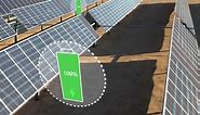 Premium stock video - Aerial view over a futuristic solar field with charging battery icons - 3d render