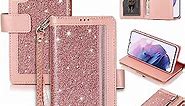 Galaxy S21 Plus 5G Wallet Case for Women - Kudex Bling Glitter, Magnetic Stand, Zipper Purse with 9 Card Holder & Strap (Rose Gold)