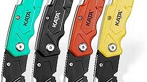KATA 4-PACK Folding Utility Knife, Heavy Duty Box Cutter with 20pcs SK5 Quick Change Blades, Safety Lock Back Design, Used for Cutting Cartons, Cardboards and Boxes