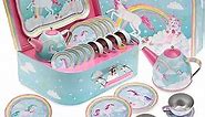 Jewelkeeper Tea Set for Little Girls - 15 Piece Sets Kids Tin Tea Party with Cups, Saucers, Plates & Serving Trays - Toddler Princess Tea Time Pretend Play - Rainbow Unicorn Design Picnic Toy