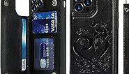 iCoverCase iPhone 12/12 Pro Phone Case with Card Holder, iPhone 12/12 Pro Wallet Case for Women, Wrist Strap [RFID Blocking] Embossed Leather Kickstand Case for iPhone 12/12 Pro (Heart Black)