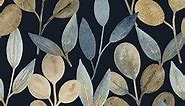 Gold Leaf Vintage Wallpaper Peel and Stick Wallpaper Black Contact Paper Removable Vinyl Floral Boho Watercolor Retro Wall Paper Renter Friendly for Bedroom Wall Mural 17.7in x 6.6ft
