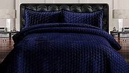 Tribeca Living Velvet King Quilt, Three-Piece Honeycomb Stitch Bedding Set Includes One Oversized Quilt & Two Sham Pillowcases, 260GSM Super Soft Velvet, Lugano/Navy Blue