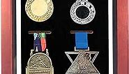 Medal Display Shadow Box, Medal Display Frame, 4 Medals Display Case, Perfect Medal Display for War Military, Runners, Marathon, RECE Winner, Football, Gymnastics & All Sports (Red Wood, 13x9.5'')