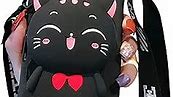 SGVAHY Wallet Case for iPhone 13 Pro Case Cute Cat iPhone Case with Long Lanyard Funny Phone Case Card Holder 3D Phone Case Kawaii Soft Silicone Shockproof Cover Protective Case for Women Girls Black