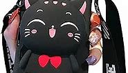 SGVAHY iPhone 13 Pro Max Case Cute Cat iPhone 13 Pro Max Wallet Case with Zipper Crossbody Lanyard 3D Cartoon Kawaii iPhone Case for Womens Girls Soft Silicone Shockproof Cover Protective Case Black