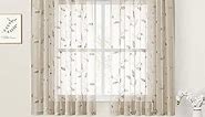 HOMEIDEAS Taupe Sheer Curtains 52 x 54 Inch Length 2 Panels Beige Embroidered Leaf Pattern Short Curtains for Bedroom Half/Small Window Rod Pocket Kitchen Curtains