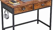 Furologee Computer Desk with 2 Fabric Drawers, Small Home Office Writing Desk, Vanity Desk with Hooks, Simple Study Desk for Small Spaces Bedroom, Rustic Brown