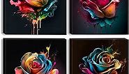 Colorful Rose Wall Art Abstract Graffiti Rainbow Flower Canvas Prints Pictures Decor 12x12" 4 Pcs Modern Watercolor Black Background Painting Artwork for Living Room Bathroom Bedroom Home Decorations