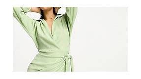 ASOS DESIGN long sleeve v neck wrap mini dress in mint | ASOS