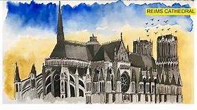 WATERCOLOR RENDERING OF REIMS CATHEDRAL(NOTRE-DAME) ARCHITECTURAL DRAWING