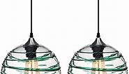 ARIAMOTION Pendant Lighting for Kitchen Island Green Stripe Seeded Glass Modern Coastal Style Light Fixtures for Beach House Dinning Room Table Hand Blown Art Glass Globe 9 Inch Diameter 2Pack