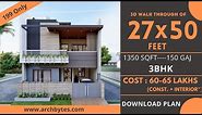 27x50 House Design 3D | 1350 Sqft | 150 Gaj | 3 BHK | Modern Design | Terrace Garden | 8x15 Meters