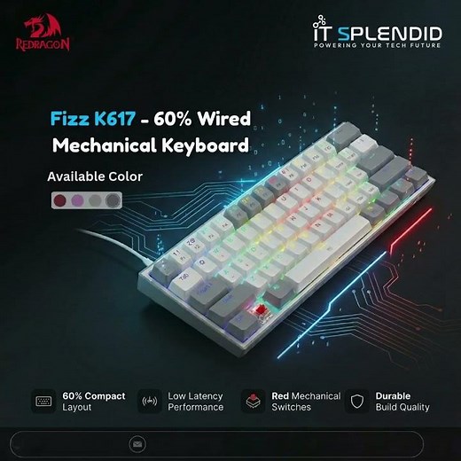 Fizz K617 60% Mechanical Keyboard | White Grey RGB Keyboard | Red Switches | IT Splendid